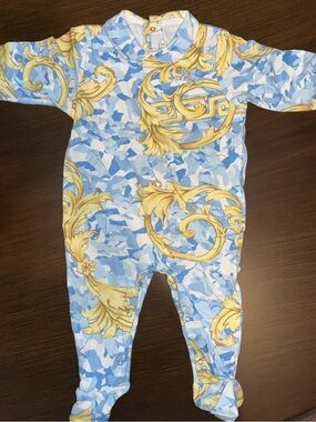 Versace Blue & Yellow Baroque Print Footed One-Piece NWOT
